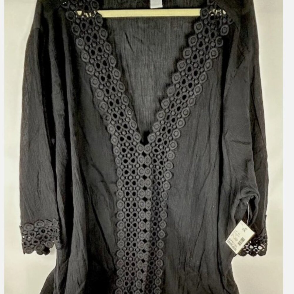 NWT Catherines Black Gauzy Crochet Cutout Tunic Top Sz 5X Lightweight Sheer